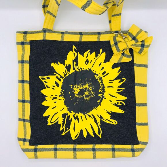 Handmade Tote Bag: Repurposed, Sunflower on Plaid, Grey, Yellow, Blue, Cottage - Picture 3 of 10